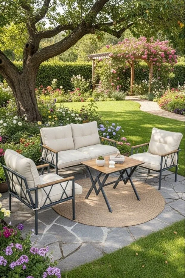 Miray 211 Masalı Krem Fermuarlı Bahçe Balkon Takımı, Salon, Teras- Berjer Düğmeli Metal Çay Seti